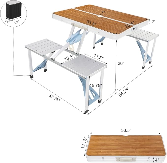 Folding Picnic Table with 4 Seats and Umbrella Hole, Portable Camping Picnic Table Set, Folding Lightweight Suitcase Card Table for Barbecue, Travel, Outing, Gathering