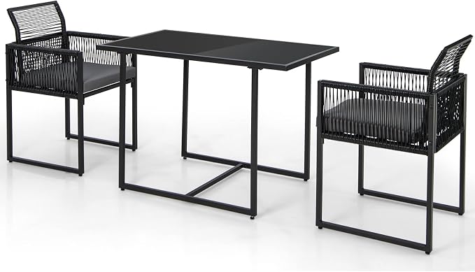DORTALA Wicker Outdoor Bistro Set 3 Piece, Small Patio Furniture Dining Set with with Cushions, Tempered Glass Tabletop, All- Weather Table and Chairs for Backyard, Balcony, Poolside, Black+Grey
