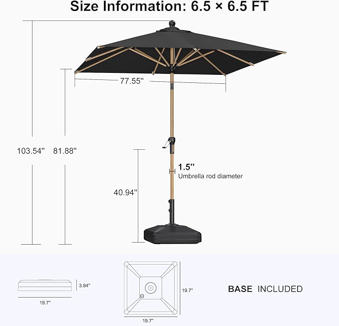 PURPLE LEAF 6.5' x 6.5' Square Outdoor Umbrella with Base Outdoor Table Umbrella Aluminum Patio Umbrella with Push Button Tilt & Crank and 8 Ribs Market Umbrella for Pool Backyard Beach, Black
