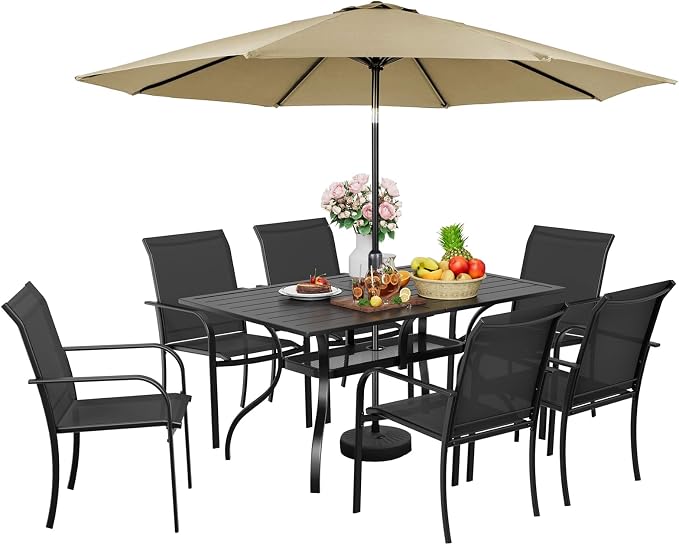 7-Piece Patio Dining Set with Umbrella,6 Person Outdoor Table and Chairs Set, 6 Metal Dining Chairs and Rectangular Outdoor Table with 1.57" Umbrella Hole,Black