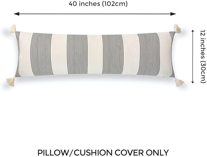Hofdeco Modern Boho Moroccan Indoor Outdoor Body Lumbar Pillow Cover Only for Bed, Backyard, Couch, Sofa, Black White Stripe Tassels, 12"x40"