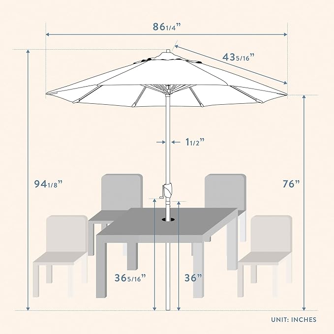 California Umbrella 12-Year Protection 7.5-Ft Outdoor Patio Umbrella, Sunbrella Fade-Resistant Fabric, Auto-Tilt, Heavy Duty Aluminum Frame, 8 Reinforced Ribs for Pool or Deck, Black Pole, Cabana Classic