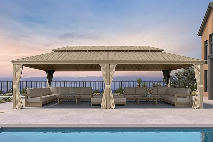 PURPLE LEAF Outdoor Gazebo 14'X28'，Champagne Hardtop Gazebo with Galvanized Steel Double Roof, Permanent Patio Gazebo with Curtains and Netting for Patio Lawn Garden and Deck