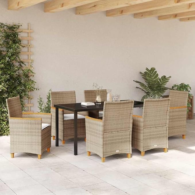 7 Piece Garden Dining Set, Beige Poly Rattan Outdoor Patio Furniture with 6 Cushioned Chairs and Glass Tabletop