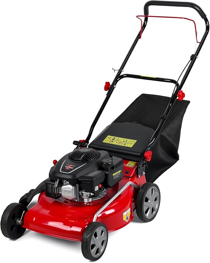 18" Gas Lawn Mower, 131cc Gas Powered Lawnmower Self Propelled, Walk-Behind Push Lawn Mowers with 13-Gal Grass Bag, 8 Position Height Adjustment for Yard Trimmer Gardening Care and Lawns Maintenance