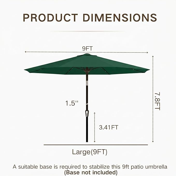 Kingdura 9FT Outdoor Patio Umbrella with Solar Lights, Market Table Umbrella with Push Button Tilt & Crank, 8 Sturdy Ribs, 32 LED Lights, UV Protection for Garden Lawn Deck Backyard Pool (Dark green)