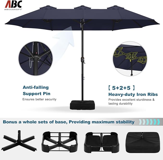 ABCCANOPY 15FT Patio Umbrella with Base, Outdoor Double-Sided Rectangle Umbrella Bonus Latch, Wights for Poolside, Lawn, Backyard (Navy Blue)