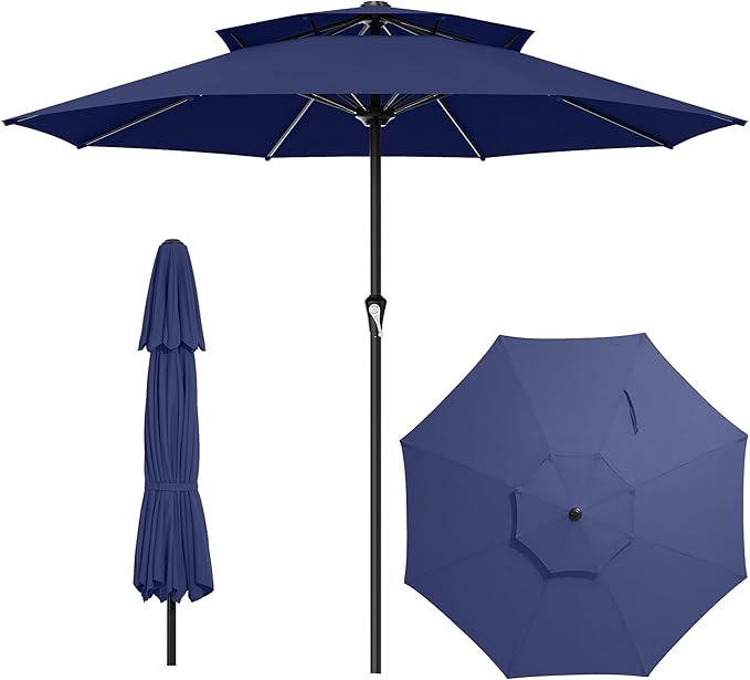AreShark 11ft 2 Tiers Patio Umbrella - Outdoor Umbrella Waterproof UV Protection, Market Table Umbrella w/ 8 Sturdy Ribs&Crank for Pool, Porch, Garden(Navy)