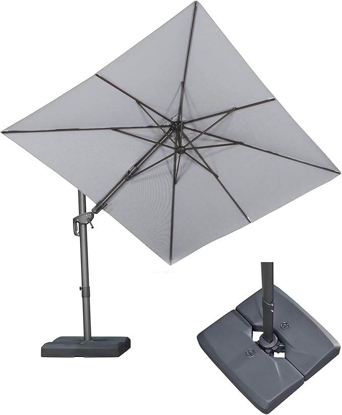 PURPLE LEAF 8' X 10' Swivel Outdoor Patio Aluminum Umbrella with Base Left-right Tilting Cantilever Offset Umbrella with UV Resistant Heavy Duty Fabric for Deck Pool Patio Backyard, Pebble Grey