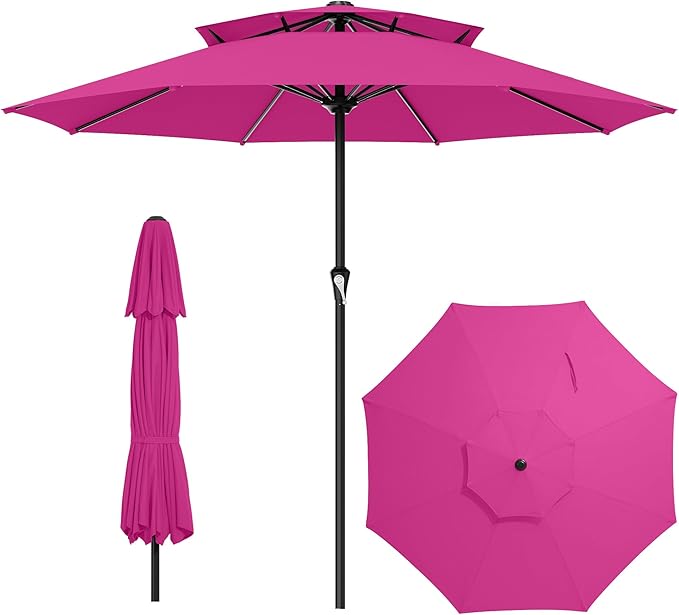 AreShark 11ft 2 Tiers Patio Umbrella - Outdoor Umbrella Waterproof UV Protection, Market Table Umbrella w/ 8 Sturdy Ribs&Crank for Pool, Porch, Garden(Rose Pink)