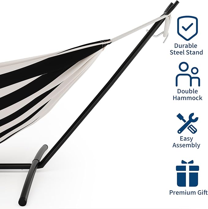 Double Hammock with Heavy Duty Space-Saving Steel Stand for 2 Person - Portable, 450lbs Capacity - Indoor Outdoor Use, Includes Carry Bag - Perfect for Garden, Camping, Beach - Black
