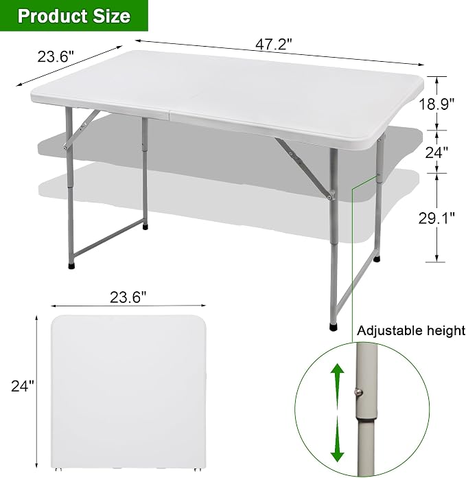 FORUP Folding Utility Table, 4ft Fold-in-Half Portable Plastic Picnic Party Dining Camp Table