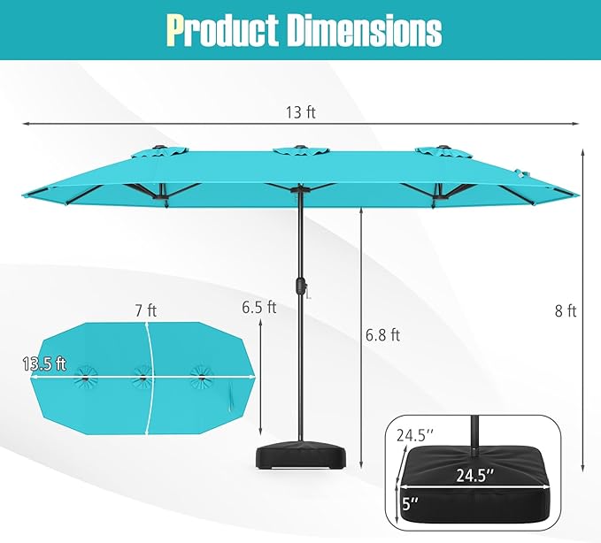 Tangkula 13FT Double-sided Patio Umbrella, Extra Large Twin Table Umbrella with Crank Handle, Umbrella Base, Safety Lock, Air Vent, Outdoor Market Umbrella for Garden Pool Backyard (Turquoise)