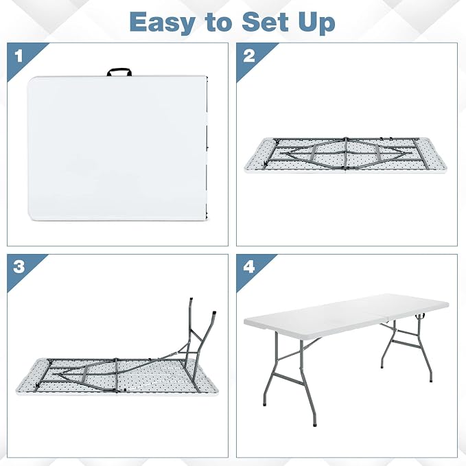 Nightcore White 6' Plastic HDPE Folding Table, Indoor Outdoor Utility Portable Picnic Party Dining Camp Rounded Corners & Handle, Off White