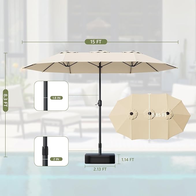 15ft Double-Sided Outdoor Patio Umbrella, Table Umbrellas with Steel Ribs, Easy Crank, Market Umbrella for Backyard & Pool