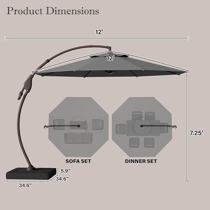 Cantilever Umbrella with Heavy-Duty Base, Outdoor Large Round Aluminum Offset Umbrella for Patio Garden Backyard, UV-Resistant Waterproof Canopy, 360° Rotation & Tilt Adjustment