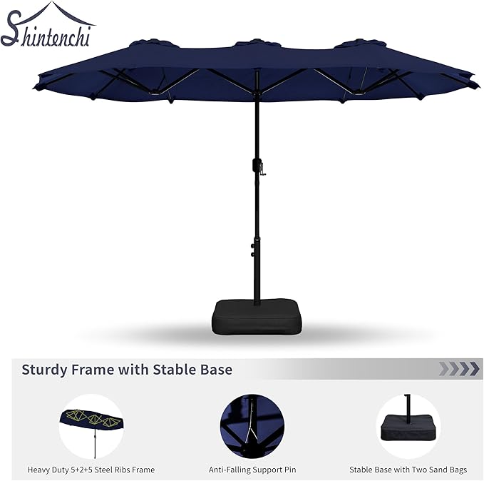 Shintenchi 13FT Large Patio Umbrella with Base Included, Outdoor Double-Sided Rectangular Shade with Crank Handle for Poolside Lawn, Deck & Garden, Dark Blue
