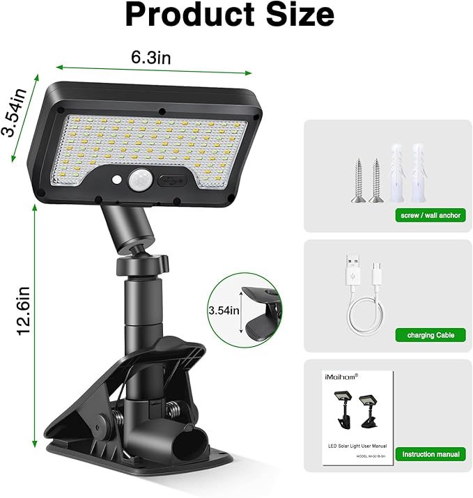 iMaihom Clip On Solar Lights Outdoor with Motion Sensor, 92 LED 600LM Solar Fence Lights, Warm/Neutral/Cool White, 360° Adjustable, IP65 Waterproof Security Light for Deck, Gutter, Porch (1, Black)