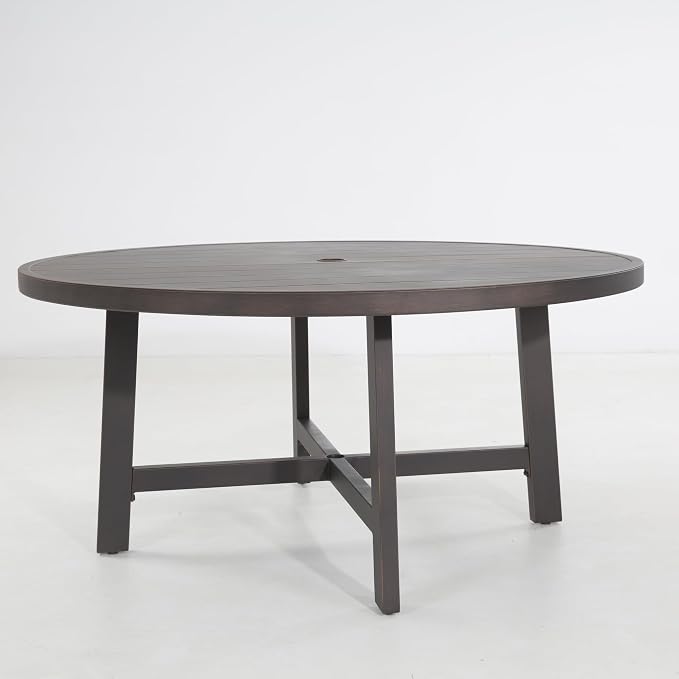 Ulax furniture Outdoor Dining Table 60 Inch Round - Aluminum Patio Table with Umbrella Hole, Weather-Resistant Garden Table for 6 (Brown)