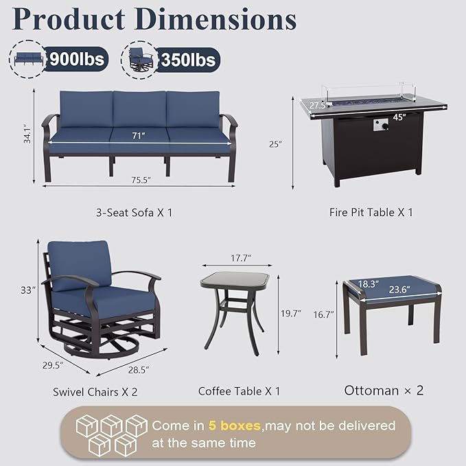ALAULM Aluminum Patio Furniture Set with Propane Fire Pit Table Metal Outdoor Furniture w/Fire Pit Patio Conversation Sets w/5.1" Cushions and 7 Seats for Patio,Backyard,Poolside-Dark Blue