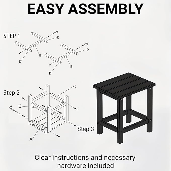 AMILY HDPE Outdoor Side Table, Weather Resistant Patio End Table, Heavy Duty Rectangle Side Table for Garden, Balcony, Poolside, Easy Assembly (Black)