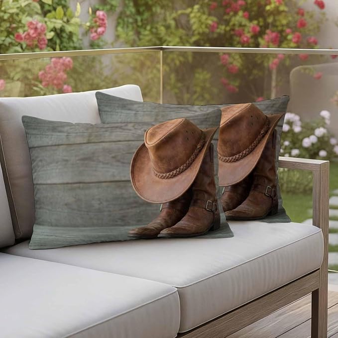 Outdoor Throw Pillow Covers,Western Cowboy Boots Hat Waterproof Decorative Pillowcases Cushion Cover Farm Wooden Plank Pillow Cases for Patio Couch Sofa Bed,20x12in Set of 2