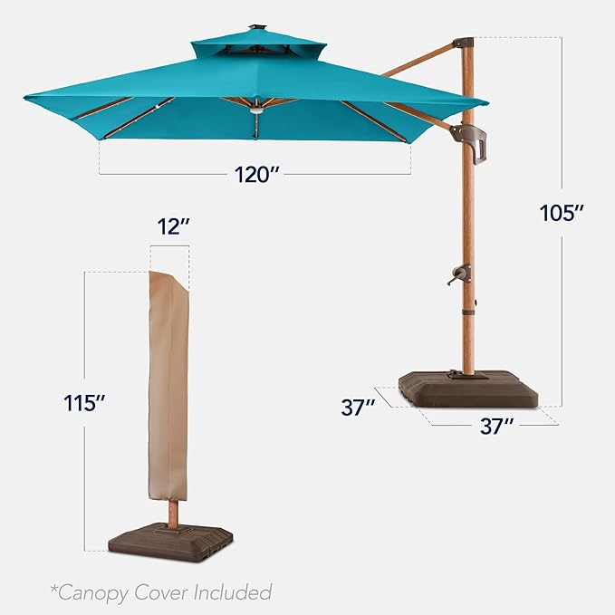 Best Choice Products 10ft Square Cantilever Patio Umbrella w/Base Included, Woodgrain Pattern Pole & Solar LED Lights, 360-Rotation, Offset Hanging Outdoor Shade