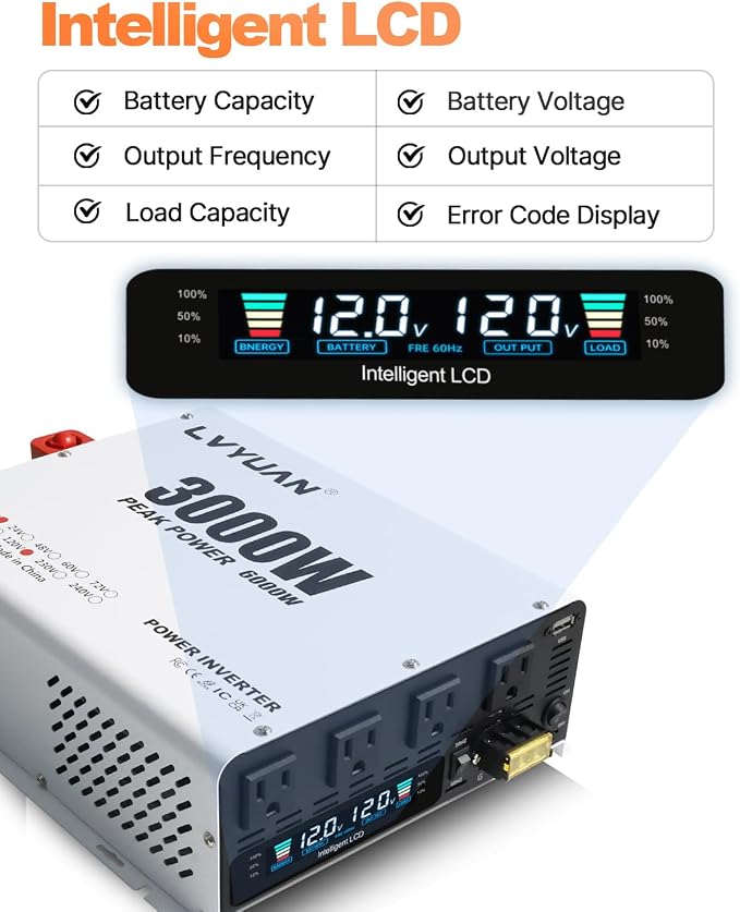 LVYUAN 3000 Watt Power Inverter 12V to 110V 120V DC to AC Converter for Home RV Vehicle Outdoor Camping Car Power Inverter with 4 AC Outlets, LCD Display, USB Charge Port, Remote Control