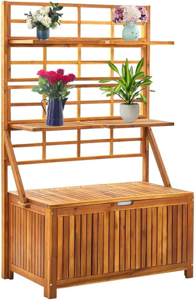Wooden Storage Box with Trellis, Outdoor Storage Deck Box with Trellis,Patio Cabinet with Inner Bag, Storage Chest, 39"x19.7"x63" Solid Wood Acacia
