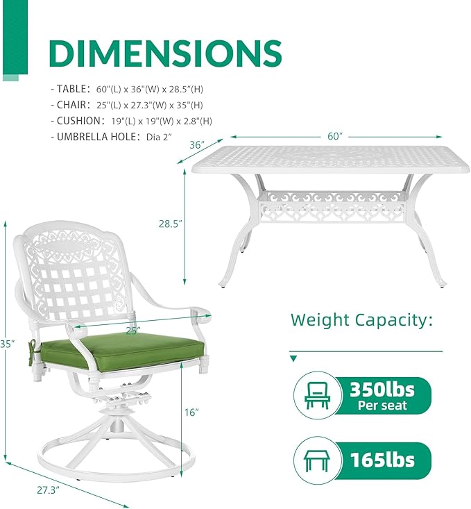 VIVIJASON 7-Piece Outdoor Furniture Dining Set, All-Weather Cast Aluminum Patio Conversation Set, Include 6 Swivel Dining Chairs and a Rectangle Table with Umbrella Hole, White/Green Cushion