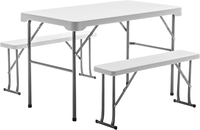 BTEXPERT 3-Piece Set Plastic Portable Folding Beer Picnic Table & Two Benches Seats Foldable Heavy Duty White for Party RV Patio Dining Event Camping Outdoor Activity Commercial Family Home Garden