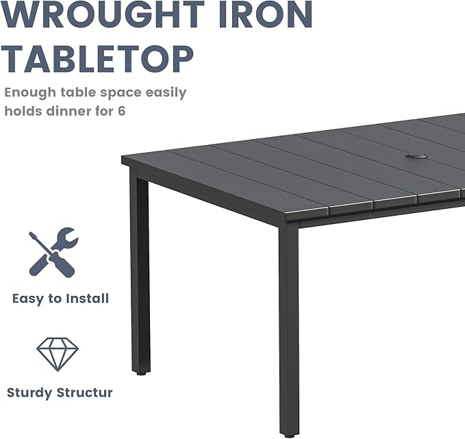 VICLLAX 7 Pieces Outdoor Dining Set, Patio Furniture Set Includes 63" Rectangular Metal Table W/ 1.9" Umbrella Hole and 6 Padded Textilene Swivel Chairs for Porch, Lawn, Garden, Backyard