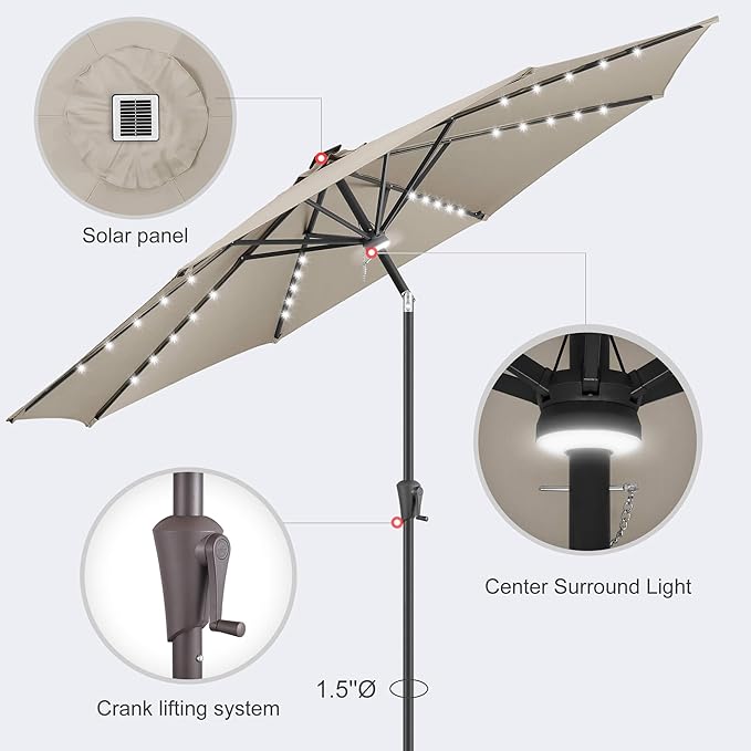 11ft Solar Umbrella Outdoor - Lighted Solar Patio Umbrella with 40 LED Lights Waterproof UV Protection, Table Umbrella with Tilt for Pool, Porch, Garden, Deck, Backyard - Taupe