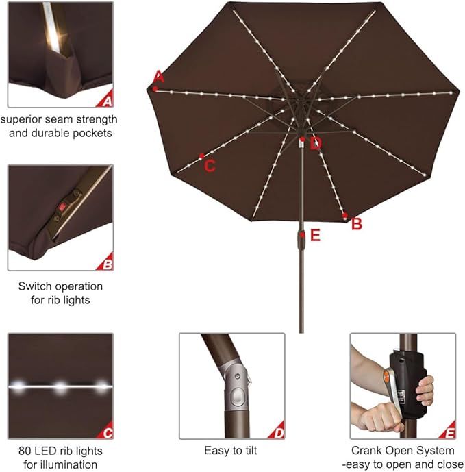 EliteShade USA 10-Year-Non-Fading 9ft Market Patio Umbrella, Commercial Grade Table Sun Umbrella with 80 Solar LED Lights, Crank Open, Windproof & UPF 50+ UV Protection for Garden, Deck, Pool, Backyard, Chestnut