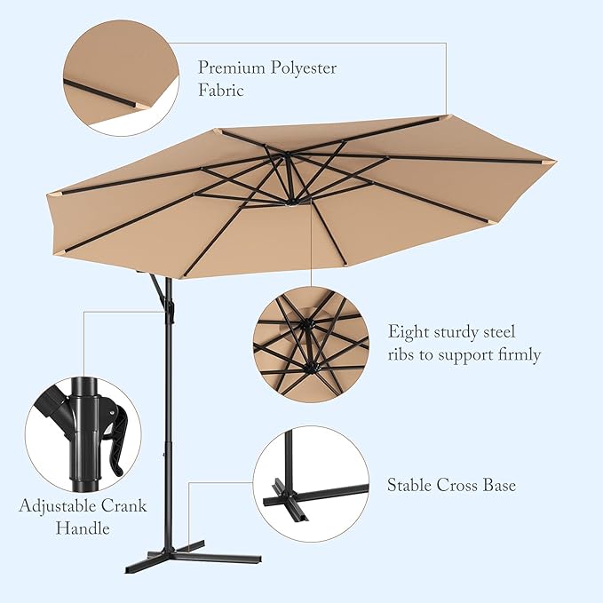 Giantex 10ft Offset Patio Umbrella, Beige, Outdoor Hanging Market Umbrella with Crank & Cross Base, Easy Tilt Adjustment, 96% Sunlight Protection