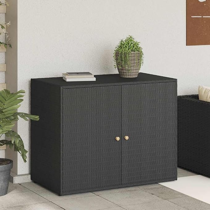 Outdoor Garden Storage Cabinet, Poly Rattan Deck Box with 2 Doors, Weather-Resistant Patio Organizer for Tools and Supplies, Black