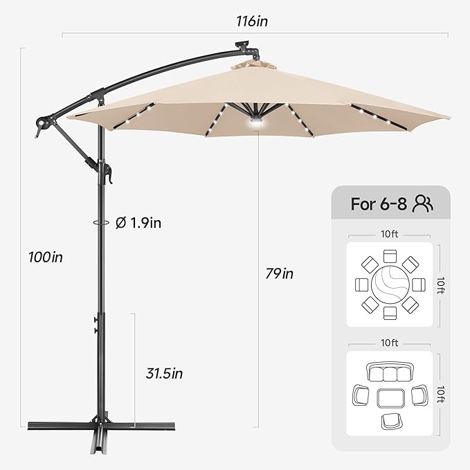 Solar Offset Patio Umbrella - 10 FT Solar Cantilever Umbrella Outdoor with 40 LED Lights and Cross Base, UV Protection for Garden, Deck, Backyard, Pool, Porch, Beige