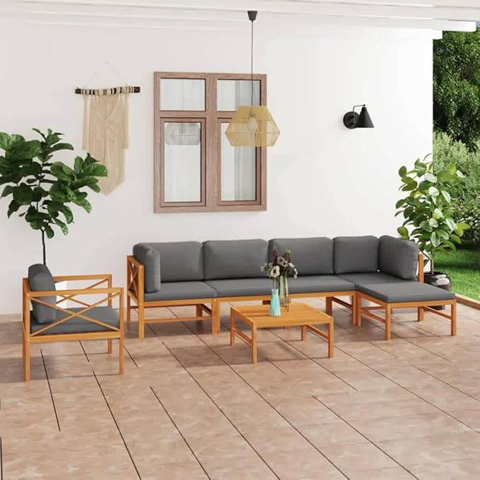 Backyard Furniture Patio Conversation Sets Outdoor Seating 7 Piece Patio Lounge Set with Gray Cushions Solid Teak Wood Suitable for Swimming Pool, Courtyard, Garden