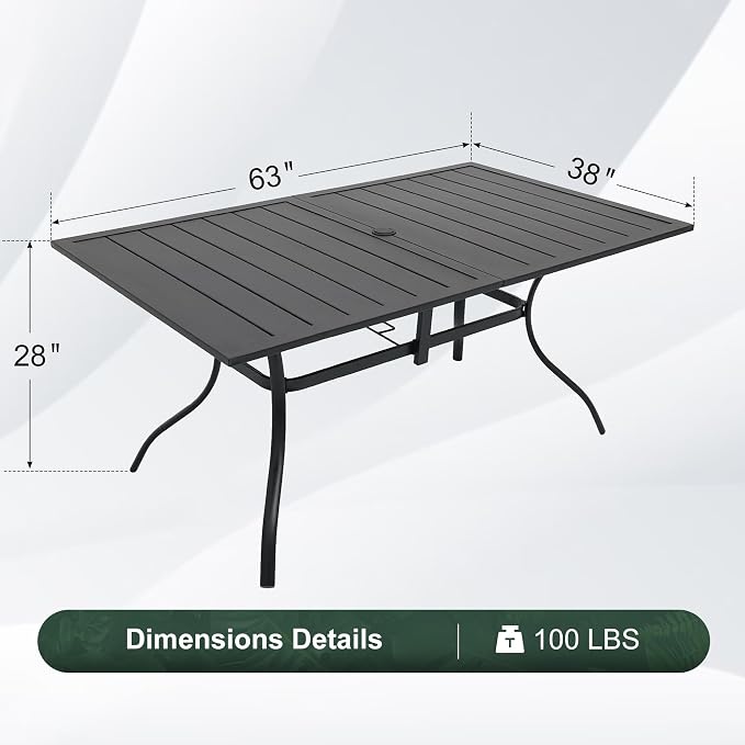 Patio Dining Table for 6,Large Rectangle Outdoor Table with Adjustable Umbrella Hole,63" x 38",Black
