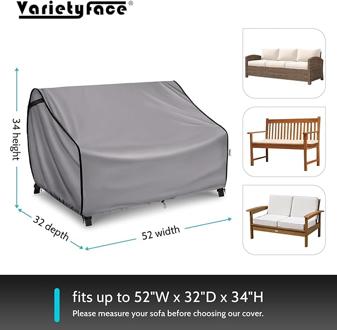 Outdoor Furniture Covers for Sofa Waterproof, Fits up to 52W x 32D x 34H inches, Patio Loveseat Cover Tear Resistant, Grey