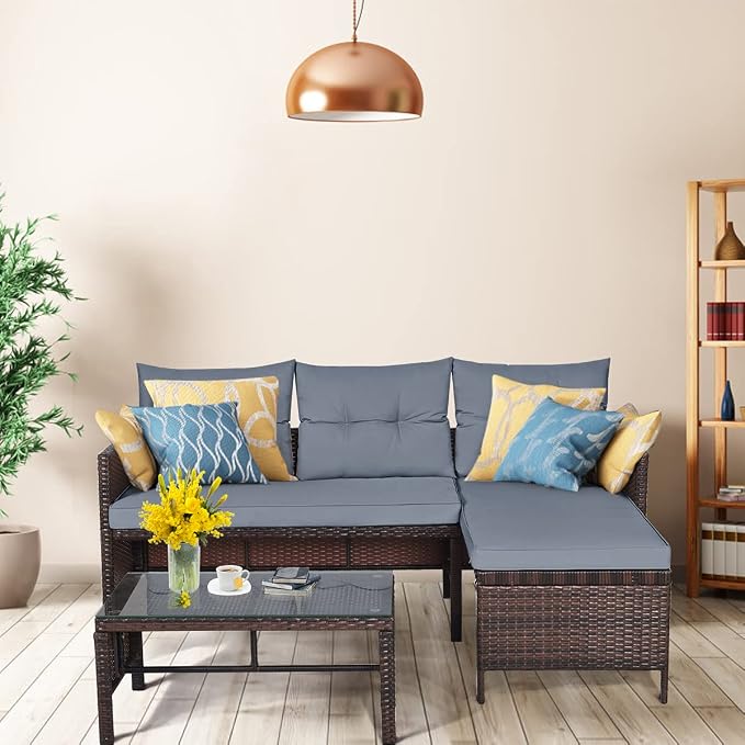 3 Pieces Rattan Sectional Sofa Set, Patio Wicker Rattan Conversation Set with Chaise Lounge, Love Seat & Coffee Table, Patio Furniture Set for Garden, Lawn, Poolside (Gray)