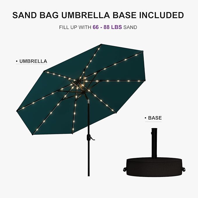PURPLE LEAF 10' Round Patio Umbrella with Solar LED Outdoor Table Umbrella Aluminum Frame Market Umbrella with 8 Sturdy Ribs & Tilt for Garden Deck Lawn Pool Turquoise Blue
