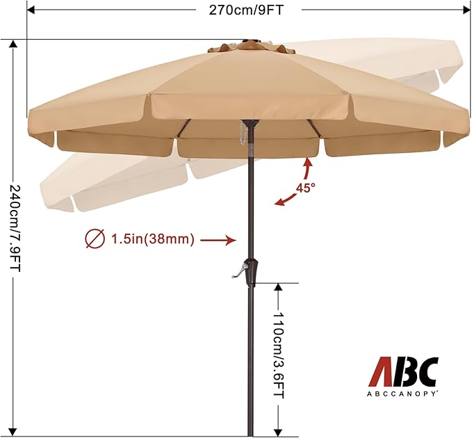 ABCCANOPY 9ft Scalloped Patio Umbrella, Outdoor Table Umbrella with Tilt and Crank, Fiberglass Ribs Deck Umbrella for Patio, Pool, Garden, Picnic (Khaki)
