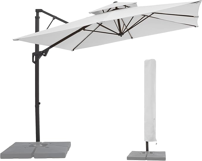 JEAREY 10ft 2-Tier Cantilever Patio Umbrella, Large Square Outdoor Offset Umbrella with Double Top Vent and 360-degree Rotation for Garden, Deck, Pool, Patio, Cream White