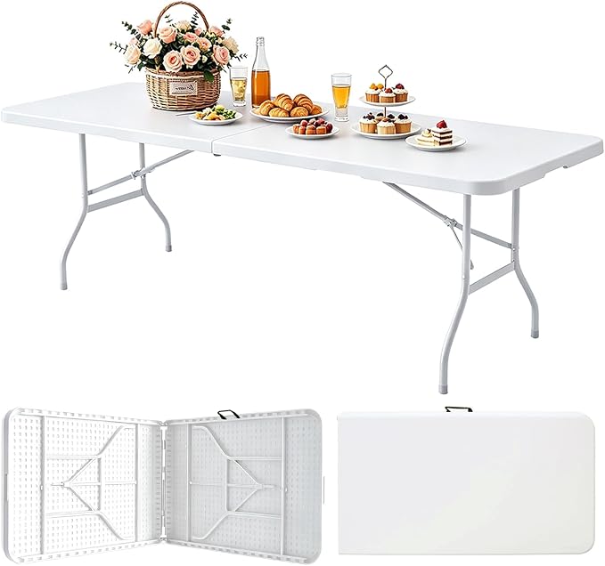 Portable Plastic Folding Table 4ft/6ft/8ft Heavy Duty White Black Picnic Dining Table Fold-in-Half for Camp Party Kitchen Indoor Outdoor
