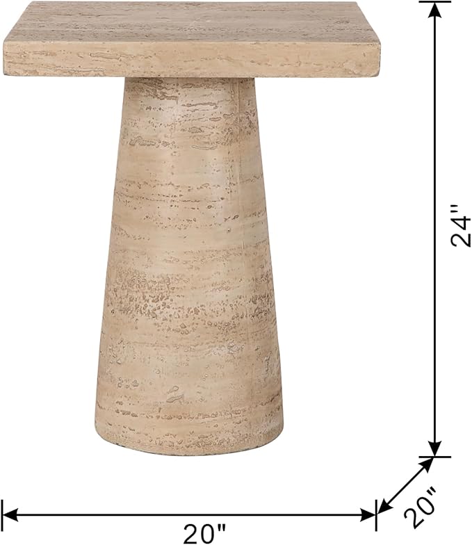 Faux Stone Side Table Square End Table, Patio Small Drink Table for Small Spaces, Rustic Pedestal End Tables Farmhouse Nightstand for Living Room Bedroom Corners Office (Cream)
