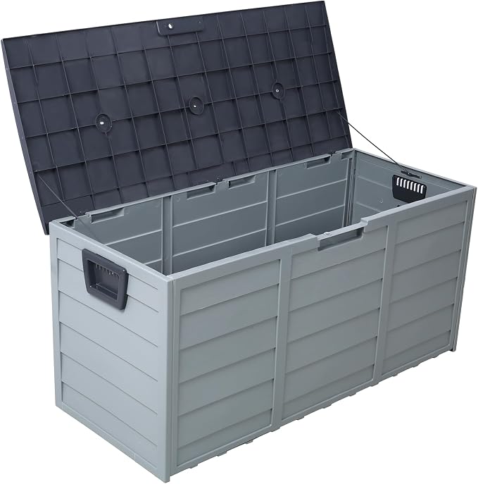 75 Gallon Deck Box, All Weather UV Pool Deck Box, Lockable Patio Storage Box for Backyard Patio Outdoor w/ Wheel, Waterproof Outside Storage Box for Patio Furniture Outdoor Cushions,Garden Tools