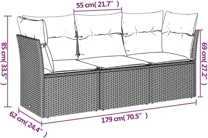 3 Piece Patio Sofa Set with Cushions, Garden Lounge Set Front Porch Furniture Sectional Sofa Patio Conversation Set for Negotiation Area Garden Exhibition Piazza Black Poly Rattan