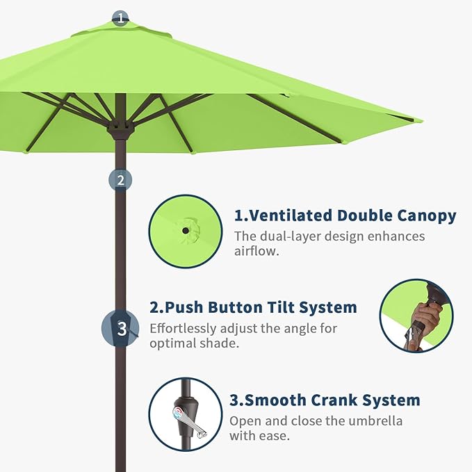 10FT Patio Umbrella Outdoor Market Umbrella with Crank and Tilt, 8 Flexible Fiberglass Ribs, UV-Resistant Waterproof Canopy for Patio, Deck, Garden, Backyard, Apple Green