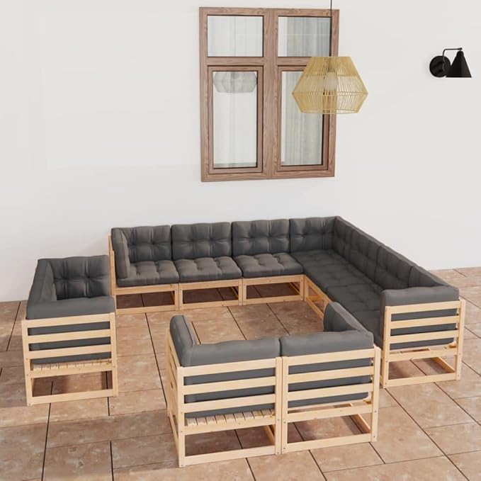 vidaXL Patio Furniture Set 11 Piece, Garden Sofa Set with Cushions, Outdoor Sectional Sofa Conversation Set for Backyard Porch, Solid Wood Pine